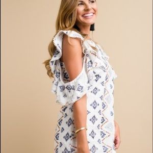 Vestique white ruffle shoulder print dress NWT